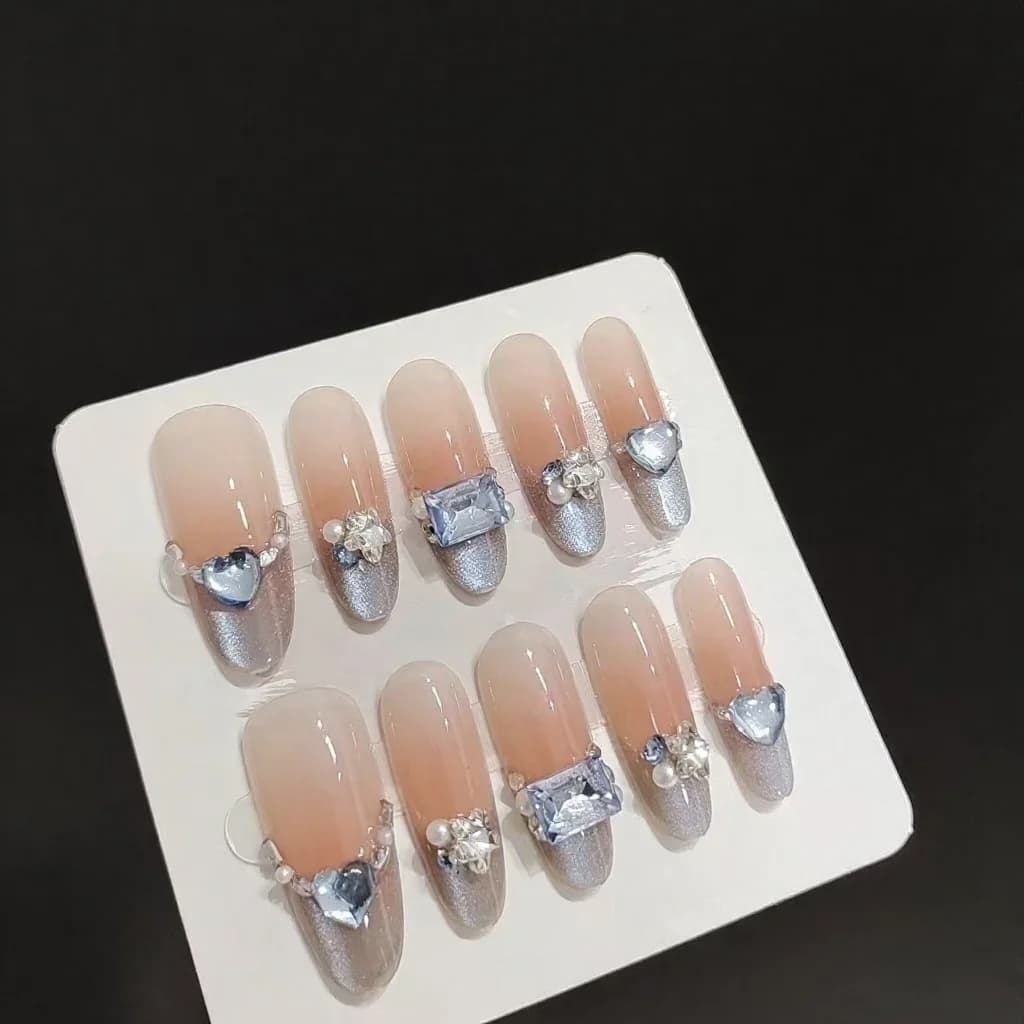 Μπλε Amber Cat Eye Τεχνητά Νύχια French Tip με Στρας Μακρύ Οβάλ