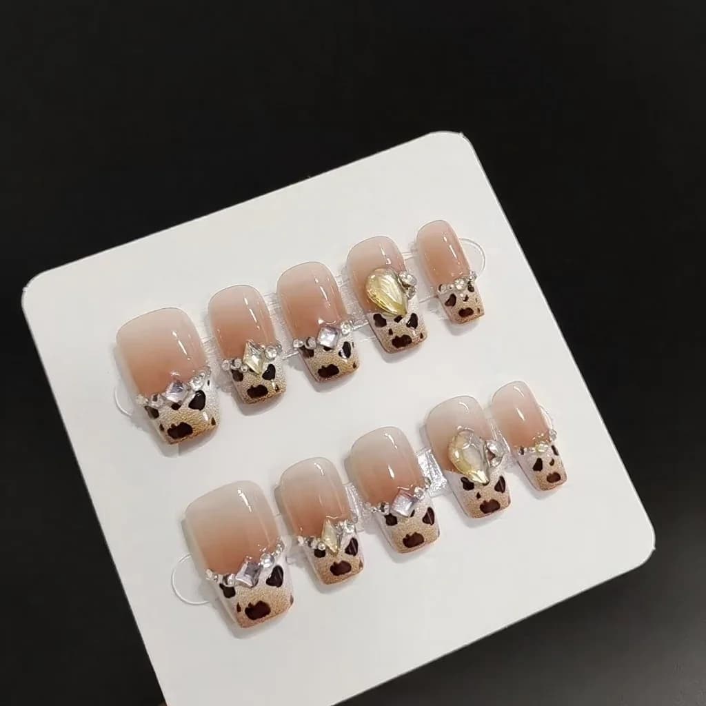 Τεχνητά Νύχια Cheese Leopard με Στρας, Κοντό Σχήμα Coffin