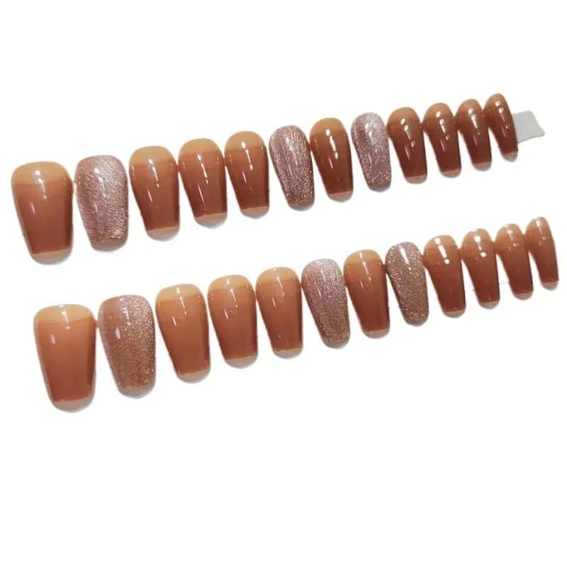Καφέ Νύχια Cat Eye Μεσαίου Μήκους Σχήμα Coffin Φθινοπωρινό/Χειμερινό Στυλ