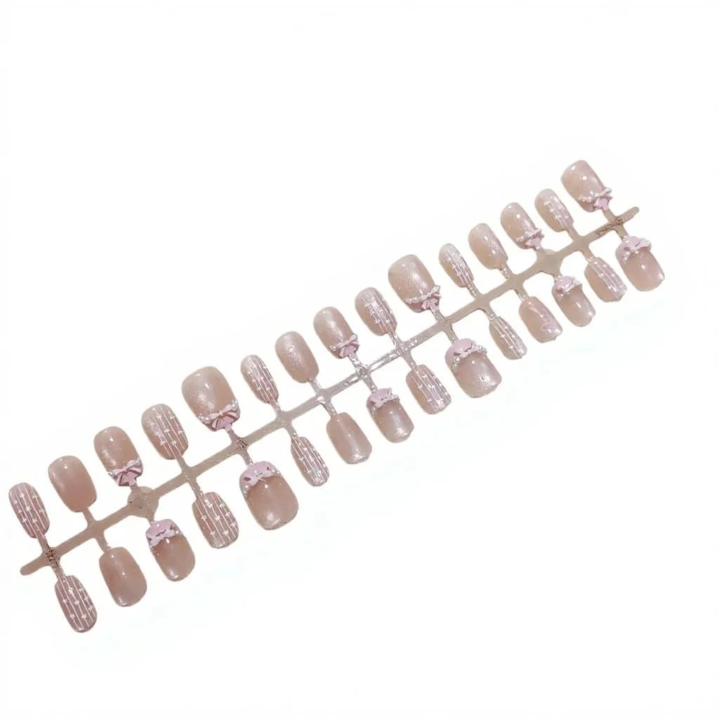 Νύχια Press-On Ballet Dream με Ροζ Φιόγκο, Cat Eye και Glitter, Σετ Manicure