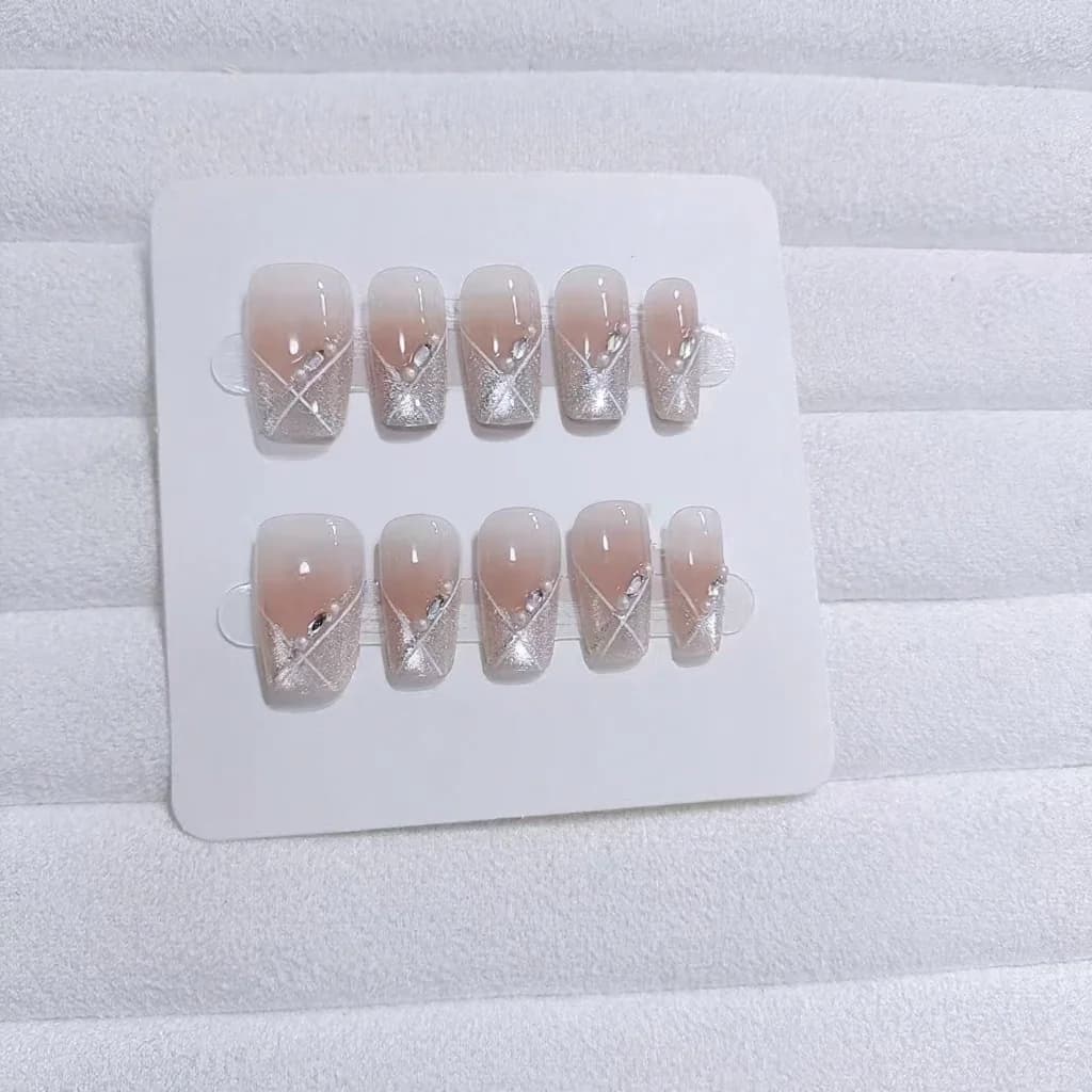 Press-on Νύχια Cat Eye Σύντομο Coffin Ροζ Blush Γλυκό Στυλ 10 Τεμάχια