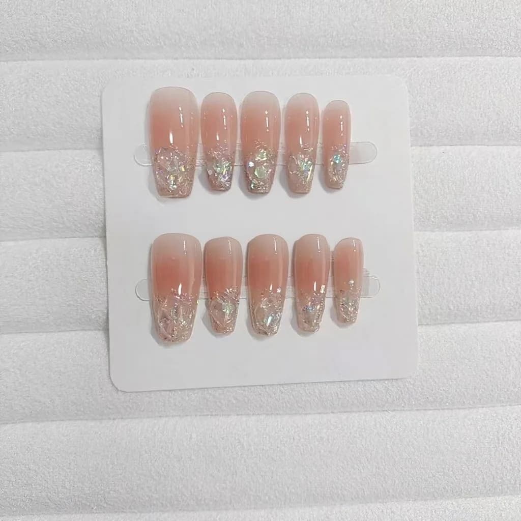 Press-On Νύχια Κοντό Μεσαίο Σχήμα Coffin Glitter Στρασ Blush Pink Σετ