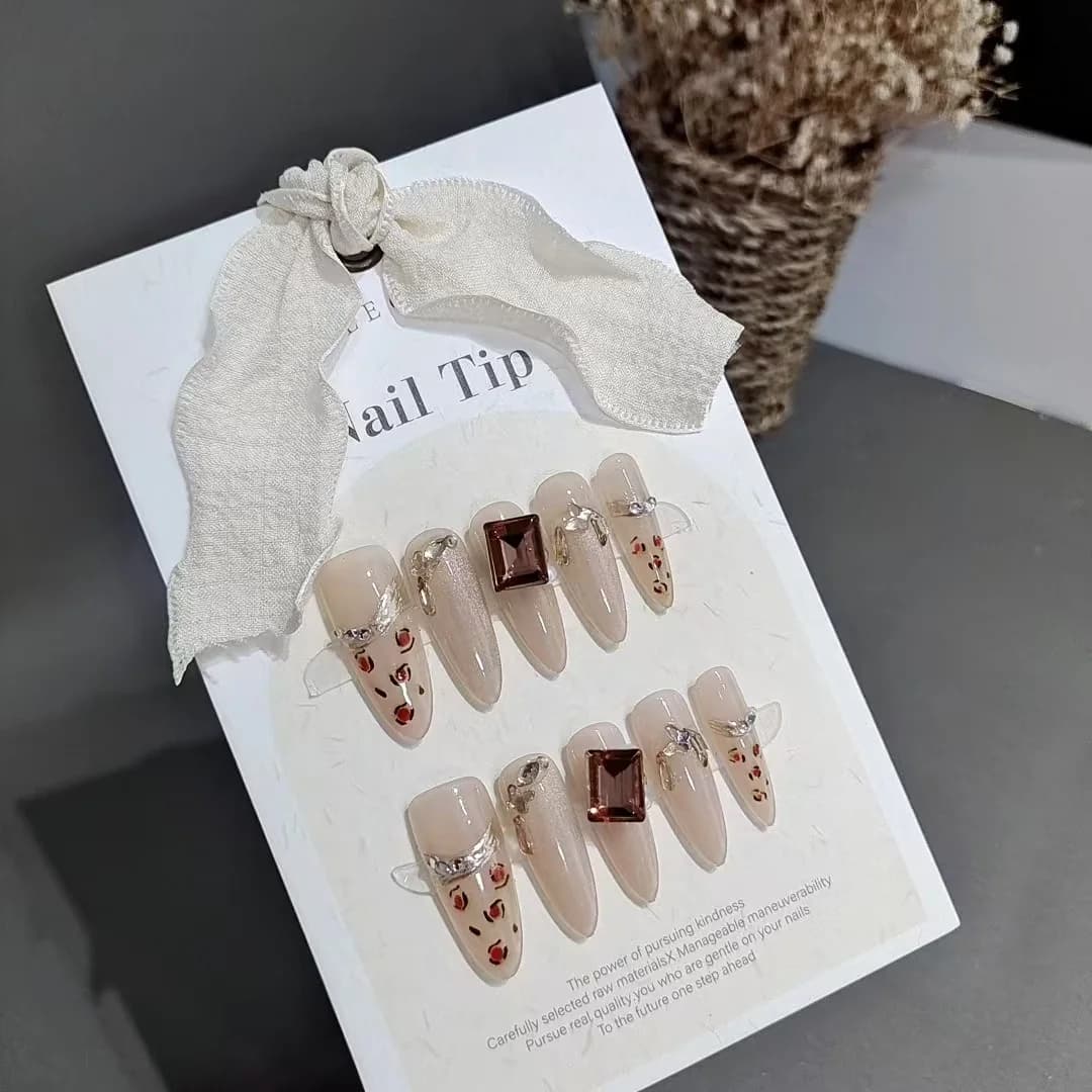 Τεχνητά Νύχια Leopard Print με Στρας, Μακρύ Σχήμα Stiletto