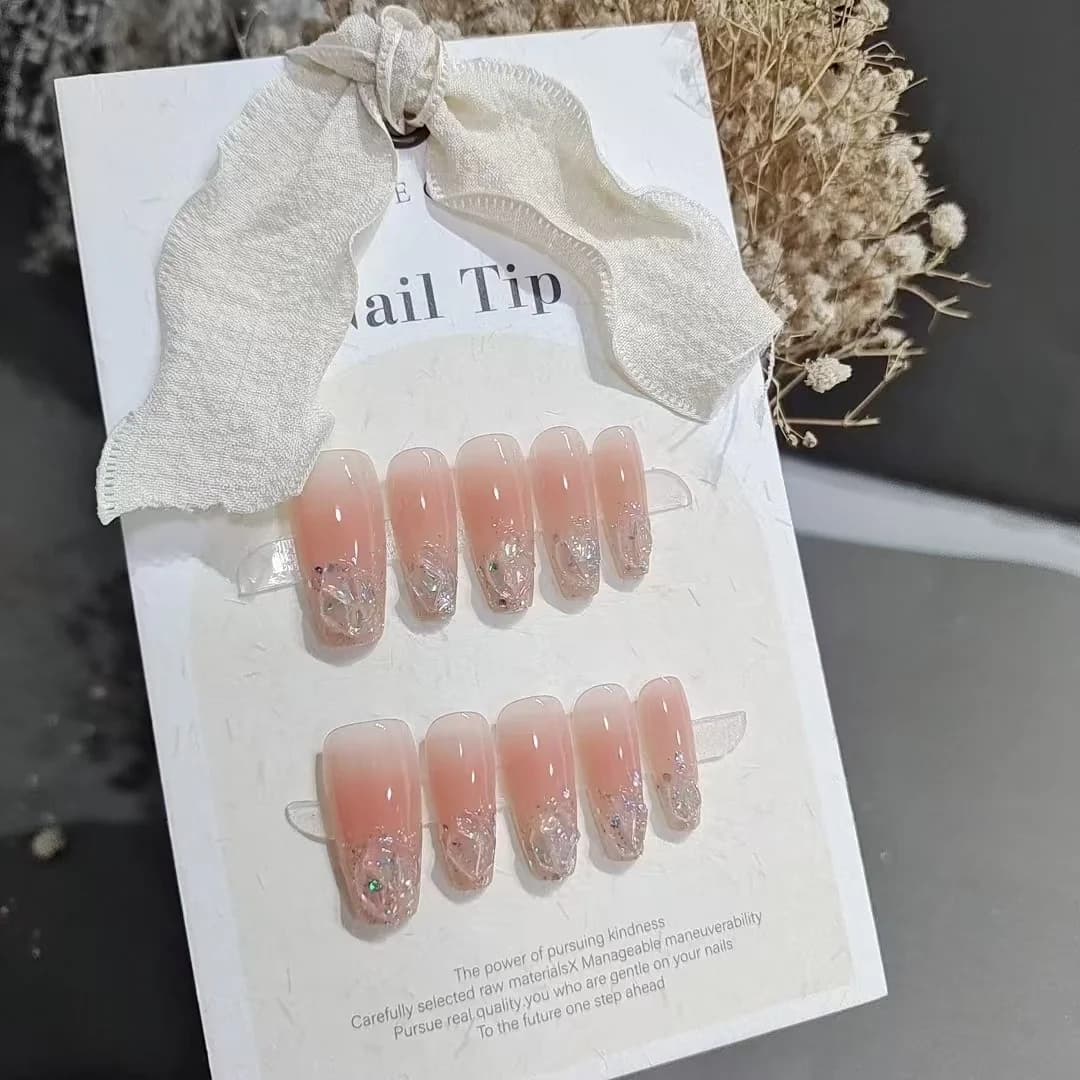 Press-On Νύχια Κοντό Μεσαίο Σχήμα Coffin Glitter Στρασ Blush Pink Σετ
