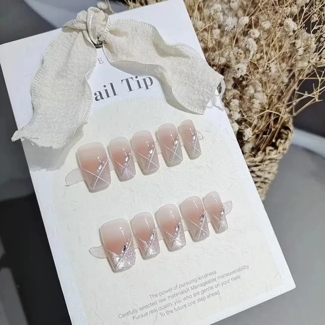 Press-on Νύχια Cat Eye Σύντομο Coffin Ροζ Blush Γλυκό Στυλ 10 Τεμάχια