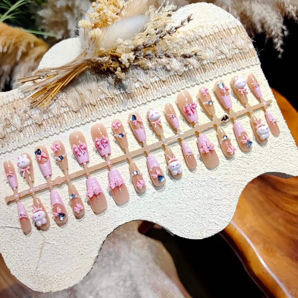 Ροζ Τεχνητά Νύχια με Κουνελάκι, Σετ Manicure με Γαλλική Άκρη