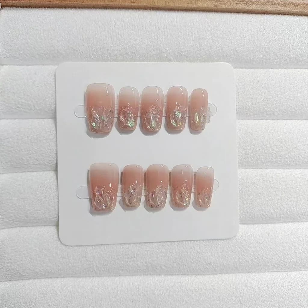Press-On Νύχια Κοντό Μεσαίο Σχήμα Coffin Glitter Στρασ Blush Pink Σετ
