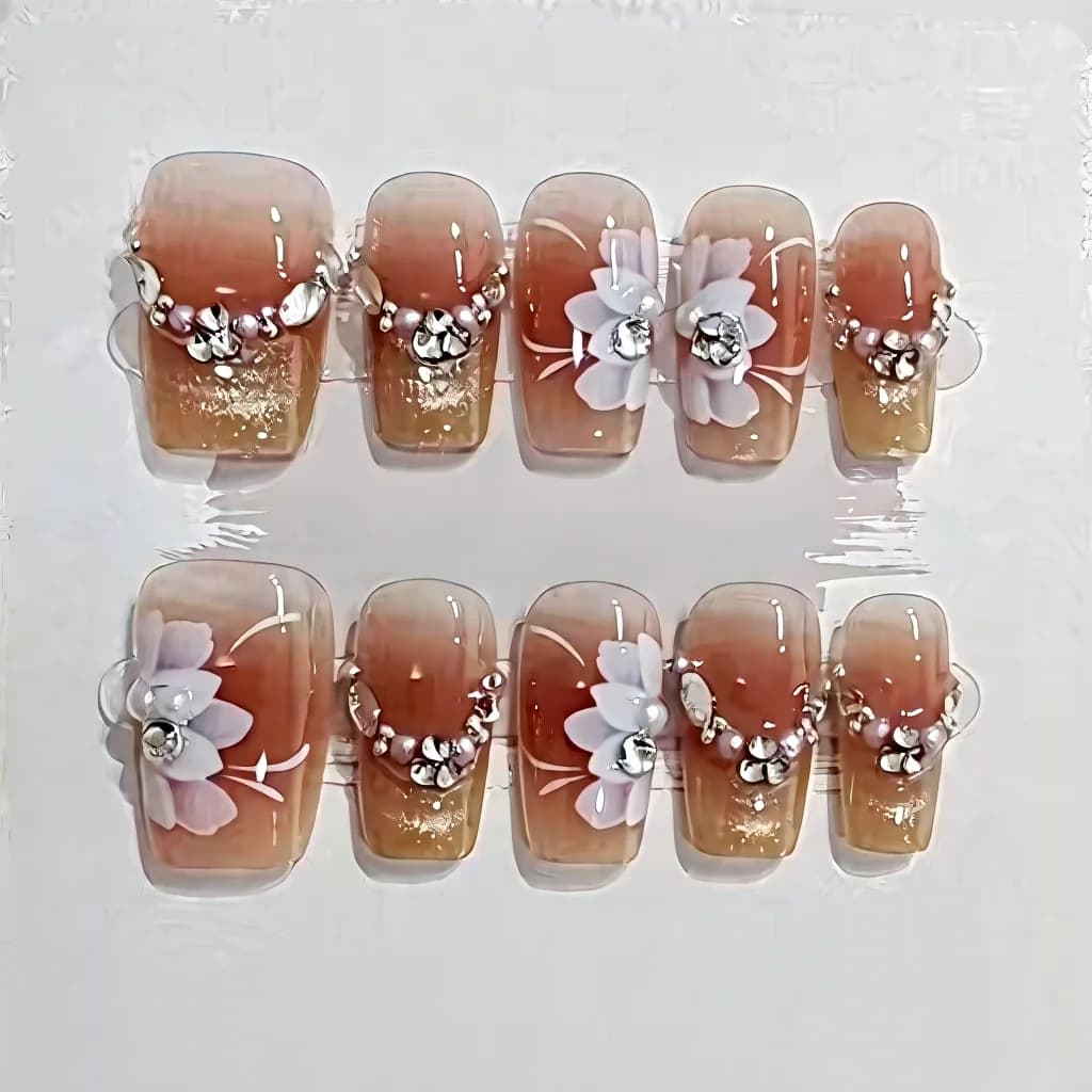 Τεχνητά Νύχια Floral Cat Eye με Σχέδιο Αστεριών