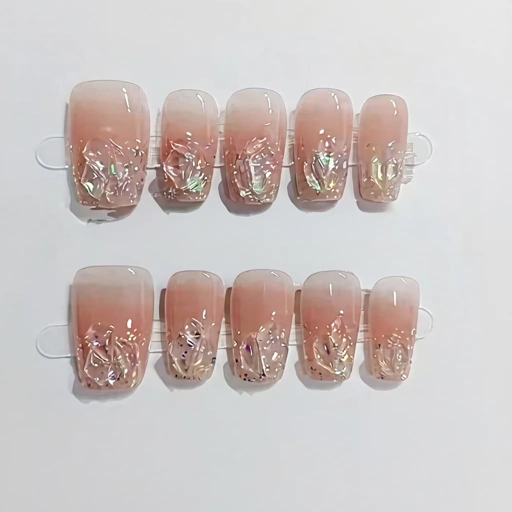Press-On Νύχια Κοντό Μεσαίο Σχήμα Coffin Glitter Στρασ Blush Pink Σετ