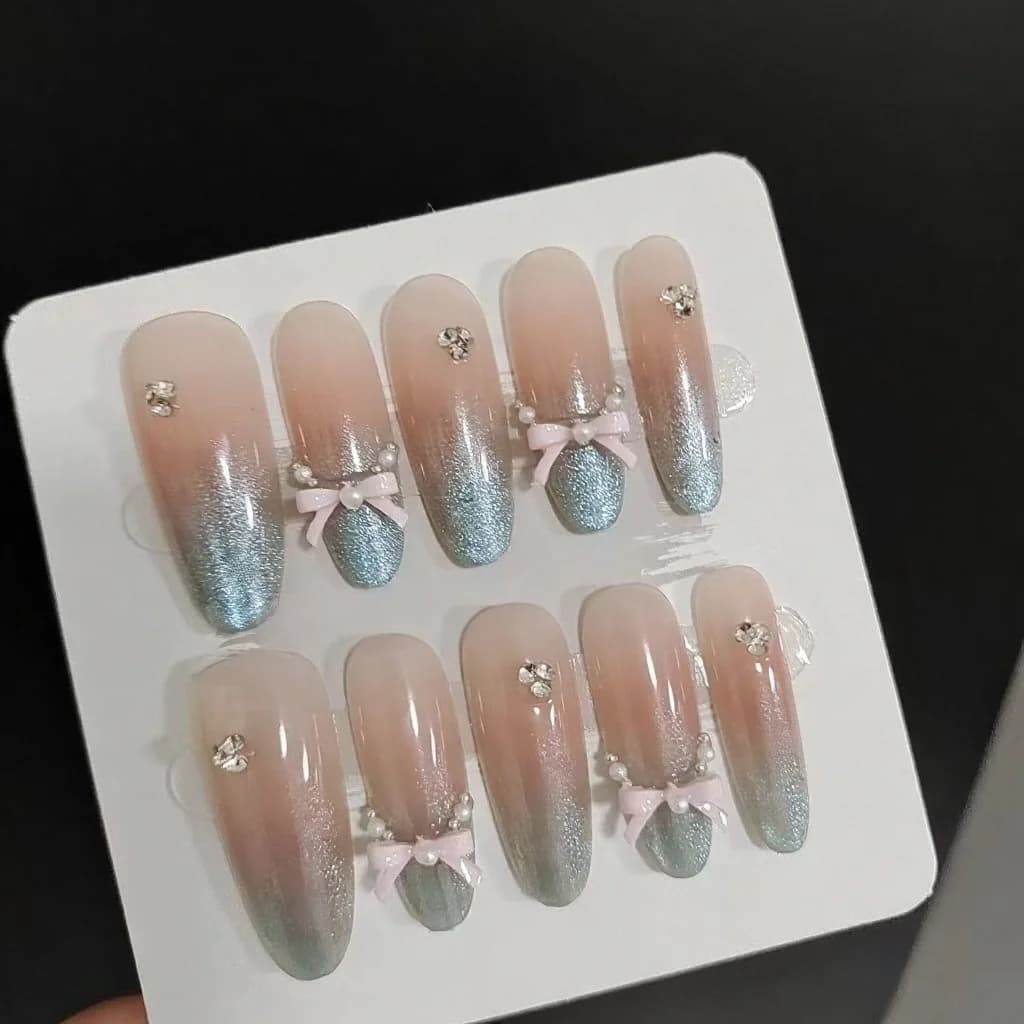 Τεχνητά Νύχια Sea Salt Leopard, Cat Eye με Φιόγκο, Μακρύ Stiletto