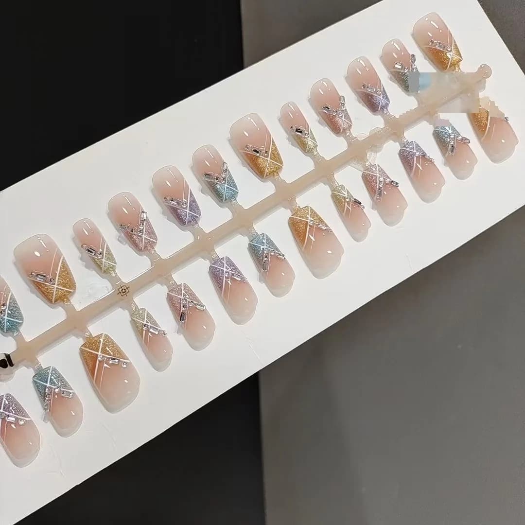 Τεχνητά Νύχια Candy Party Κοντά Τετράγωνα Rainbow Cat Eye με Στρας