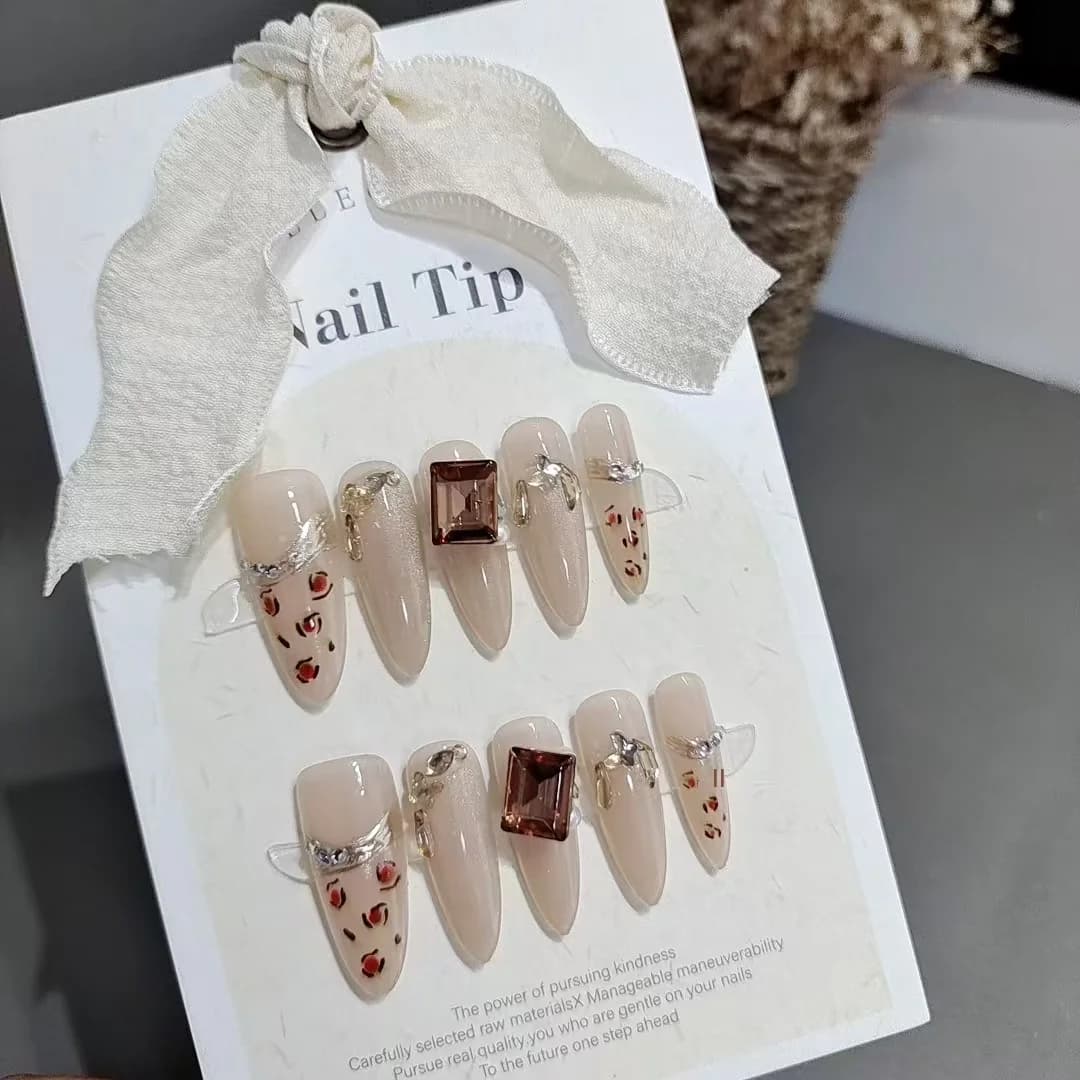 Τεχνητά Νύχια Leopard Print με Στρας, Μακρύ Σχήμα Stiletto