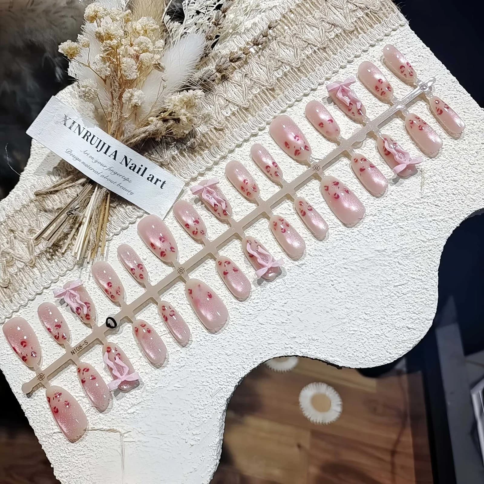 Ροζ Λεοπάρ Cat Eye Τεχνητά Νύχια Μεσαίου Μήκους Οβάλ Σχήματος