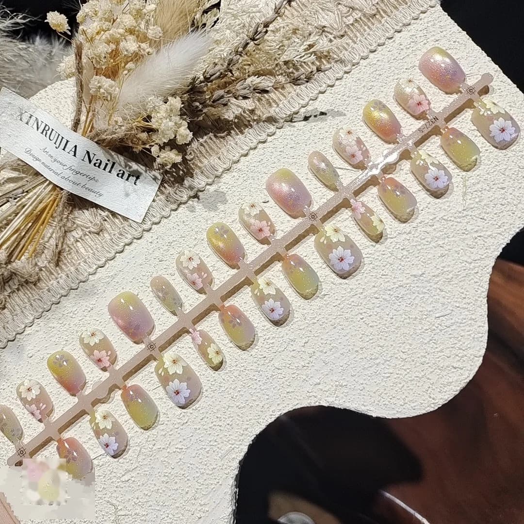 Τεχνητά Νύχια Floral Cat Eye Κοντό Σχήμα Ballerina
