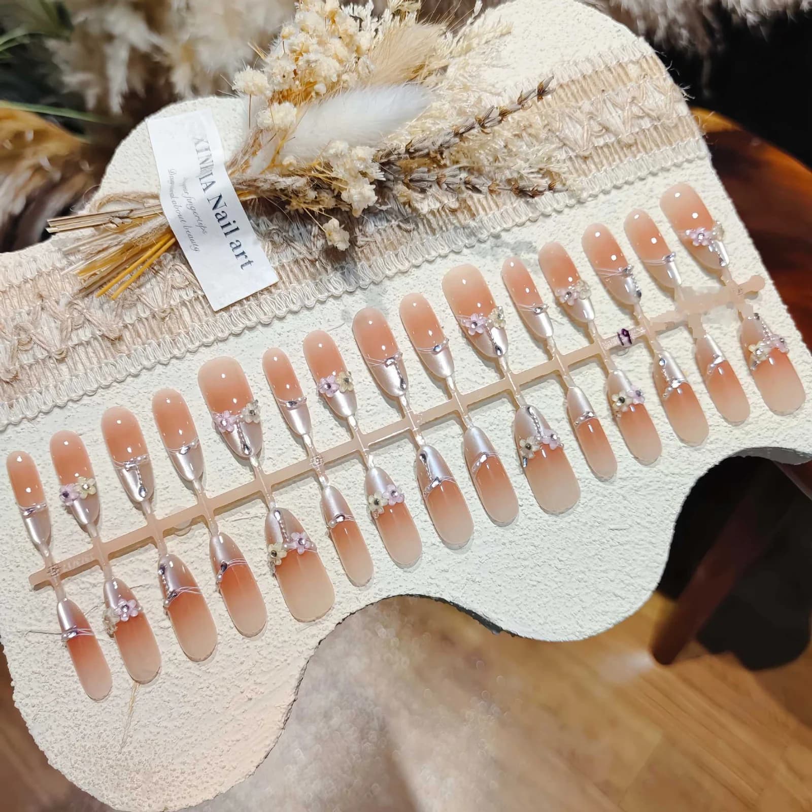 Floral Cat Eye Τεχνητά Νύχια Μακρύ Σχήμα Stiletto με Διακοσμητικά Κρυστάλλων