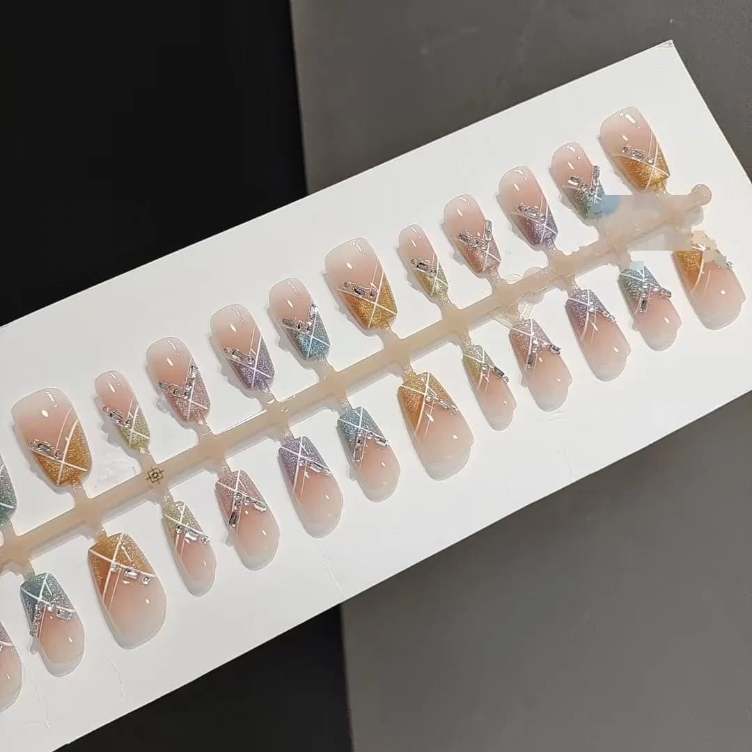 Τεχνητά Νύχια Candy Party Κοντά Τετράγωνα Rainbow Cat Eye με Στρας