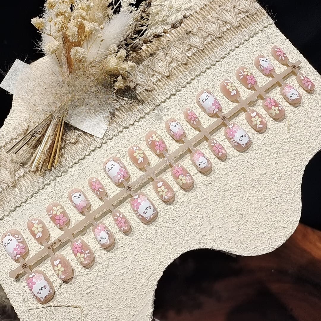 Ροζ Τεχνητά Νύχια Cat Eye Κοντό Σχήμα Ballerina Floral Σχέδιο