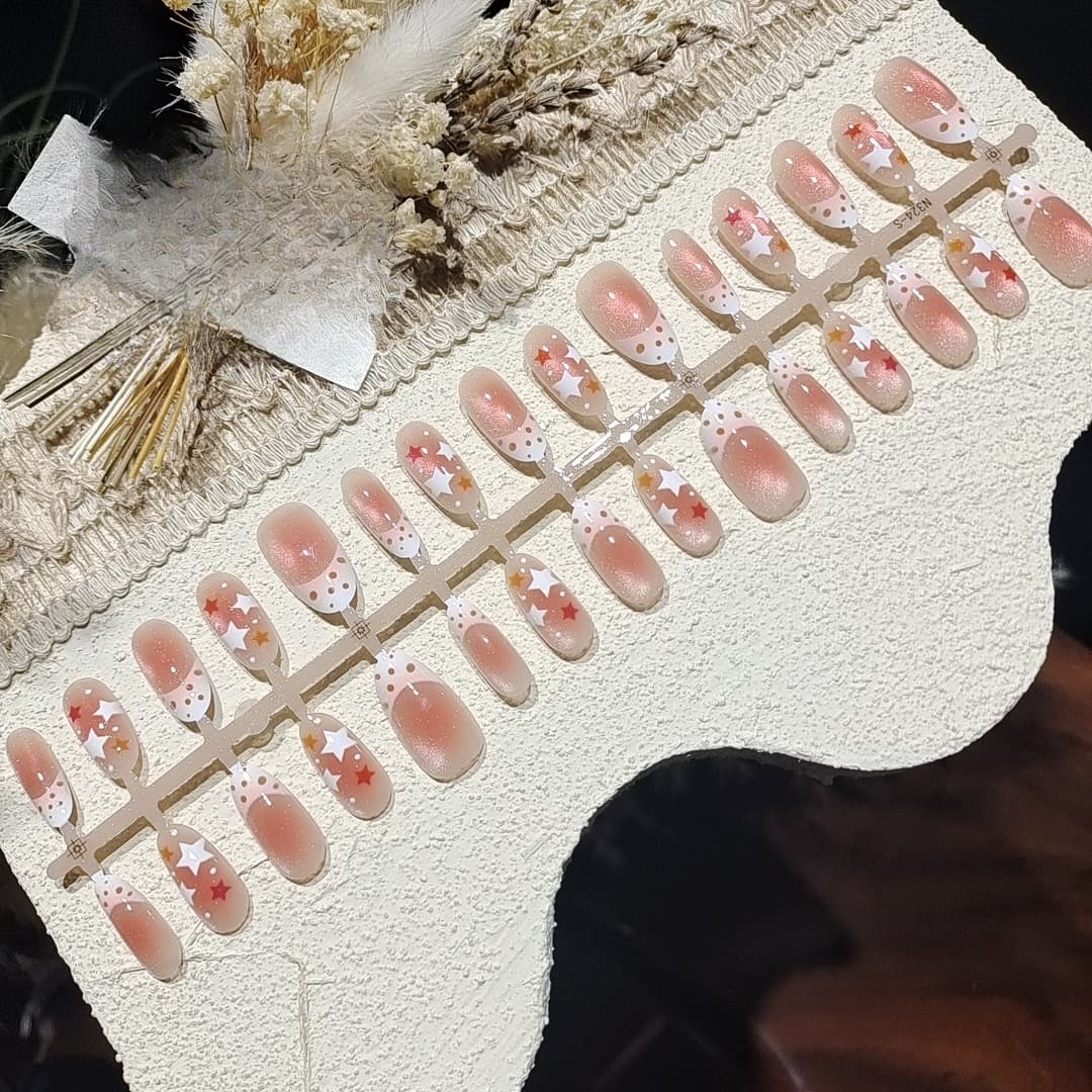 Νύχια Πιεζόμενα Cat Eye με Γυάλινες Χάντρες, Μεσαίο Οβάλ, Καλοκαιρινό Στυλ