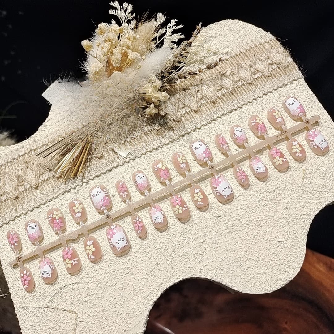 Ροζ Τεχνητά Νύχια Cat Eye Κοντό Σχήμα Ballerina Floral Σχέδιο