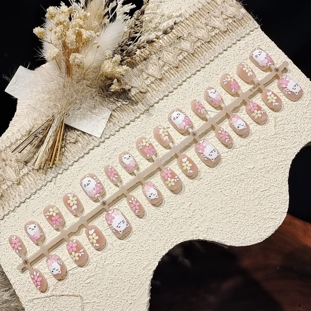 Ροζ Τεχνητά Νύχια Cat Eye Κοντό Σχήμα Ballerina Floral Σχέδιο